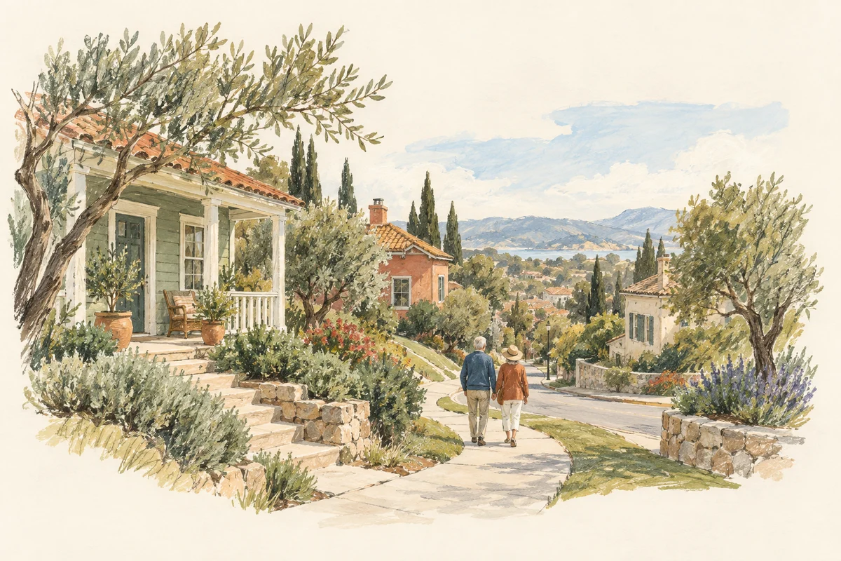 Painted illustration of two people walking through a leafy neighborhood